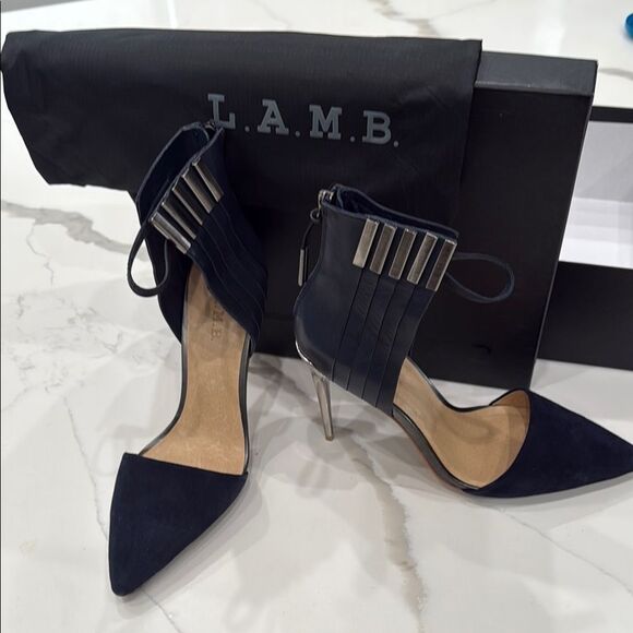 L.A.M.B. Navy and Silver Suede, Leather and Metal Heels - Picture 5 of 16
